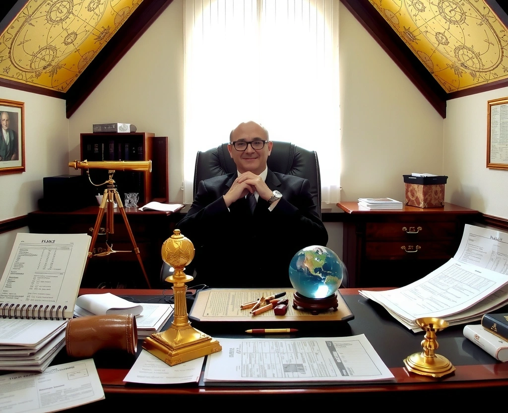 Astrolог pracujący z mapą nieba i dokumentami finansowymi