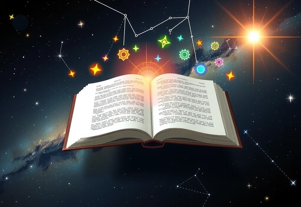 Otwarta książka w kosmicznej przestrzeni otoczona świecącymi symbolami i gwiazdami