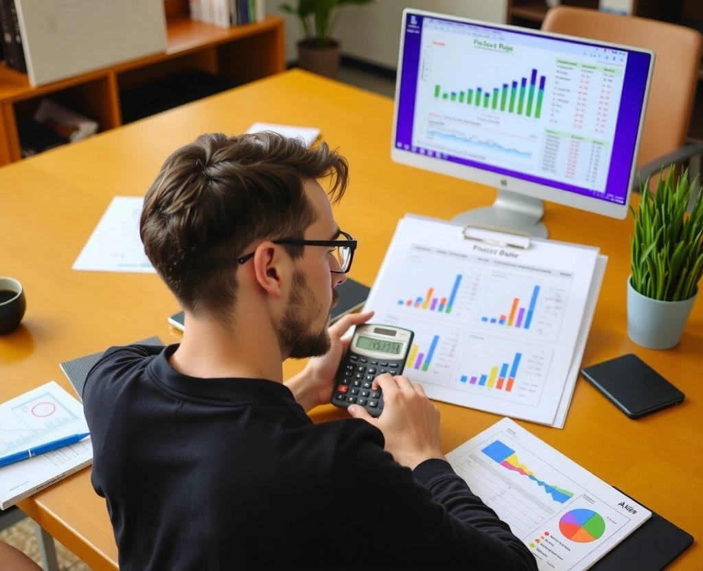 Baran pracujący nad finansami, plan budżetu, kalkulatory i wykresy