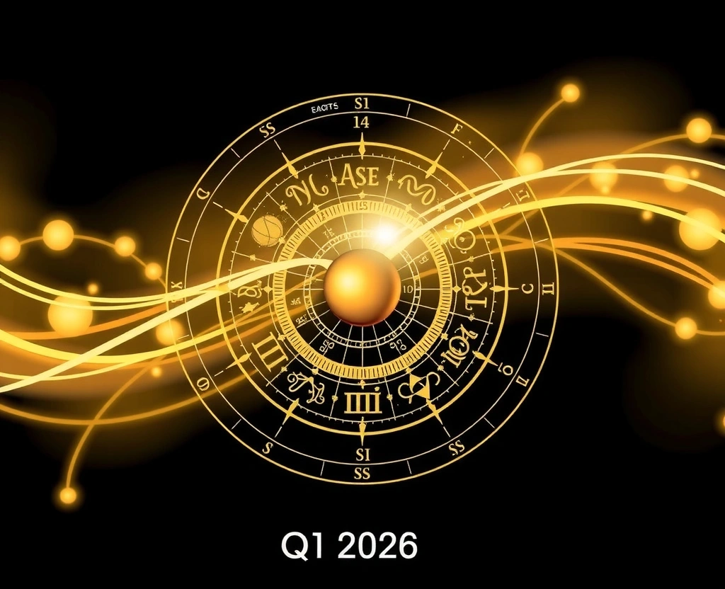Kalendarz astrologiczny z symbolami planetarnymi na pierwszy kwartał 2026