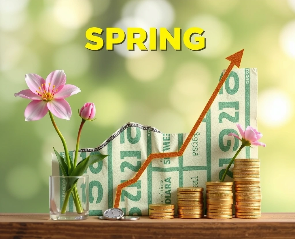 Wiosenne kwiaty i symbole wzrostu finansowego dla drugiego kwartału