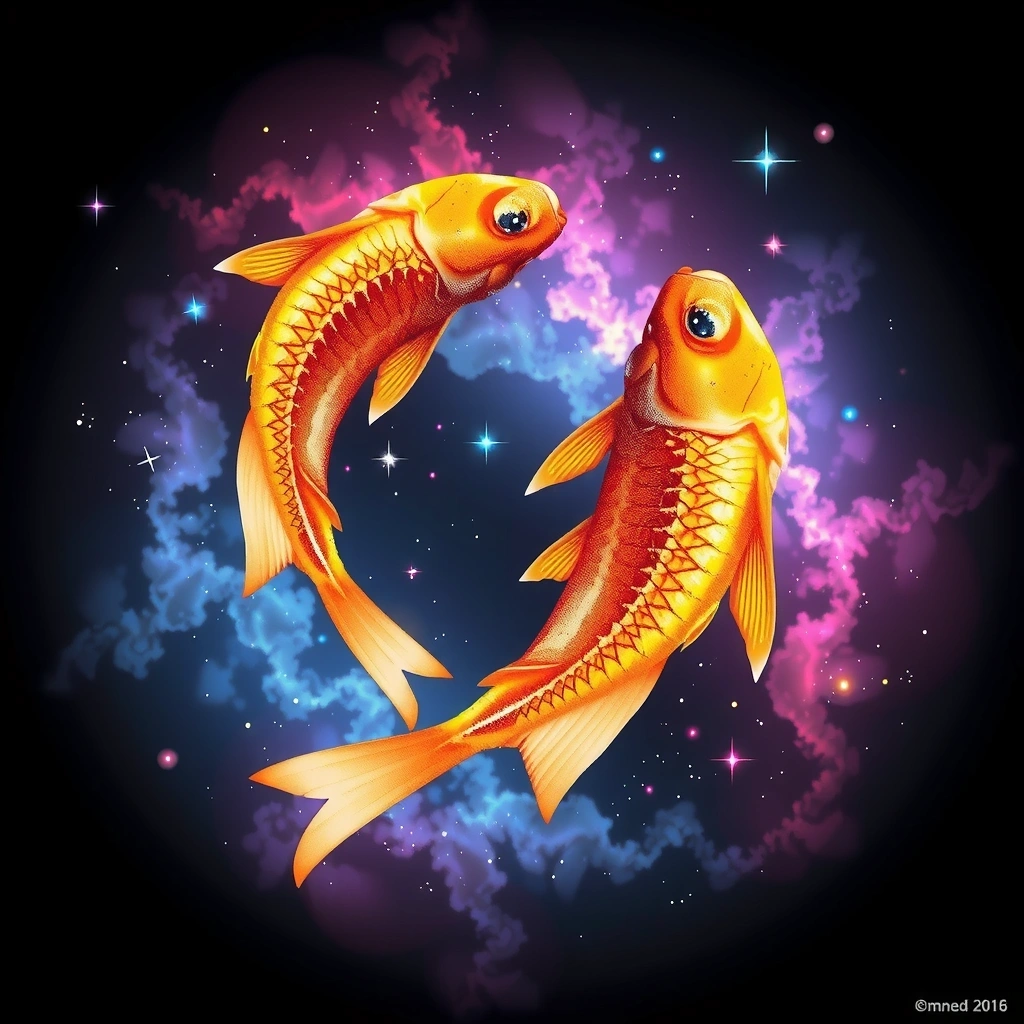 Astrologiczny znak Ryb w kosmicznym tle z gwiazdami i mgławicami