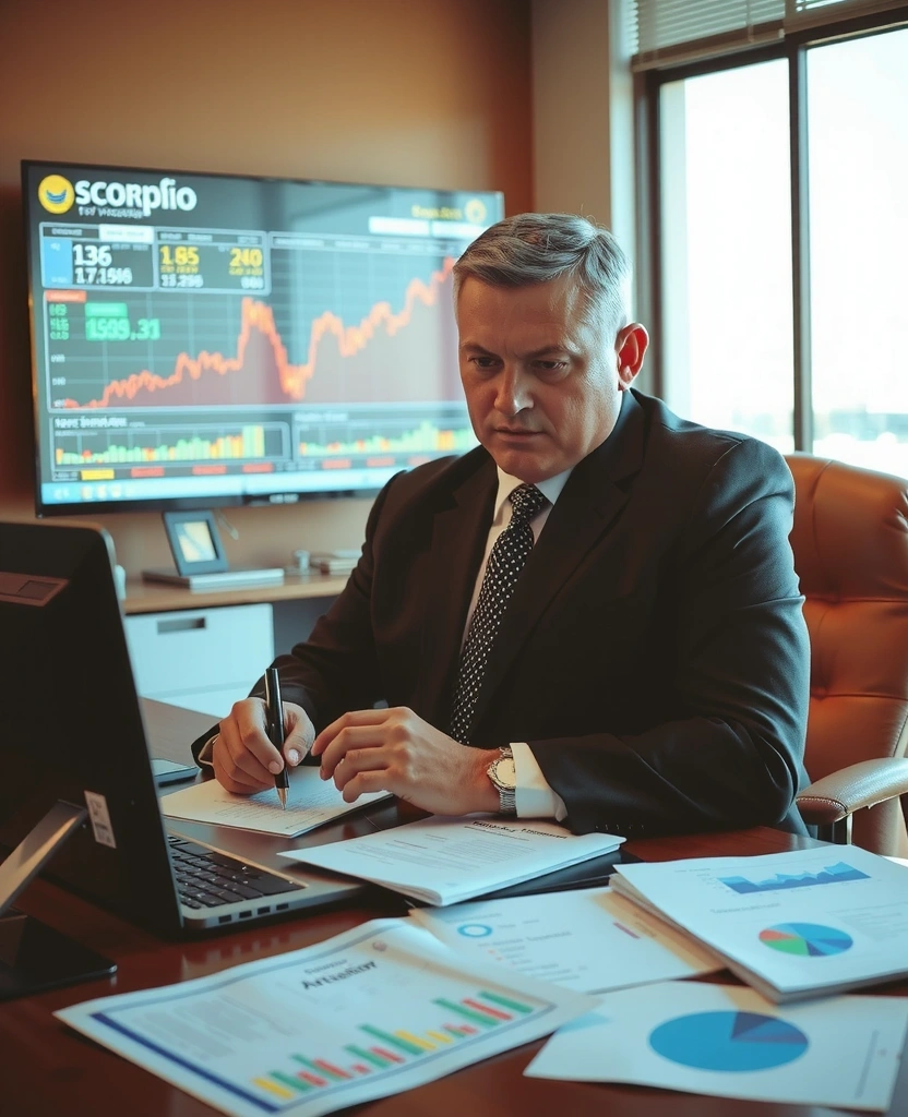 Skorpion analizujący wykresy finansowe i dokumenty inwestycyjne
