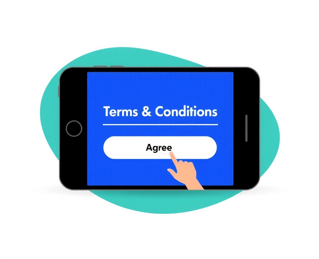 Ilustracja przedstawiająca użytkownika akceptującego warunki na urządzeniu mobilnym